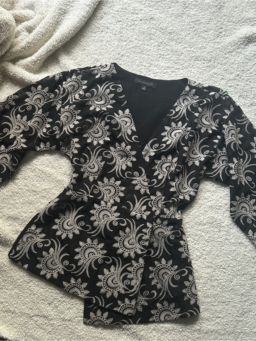 Dance & Marvel Black and White Paisley Wrap Blouse